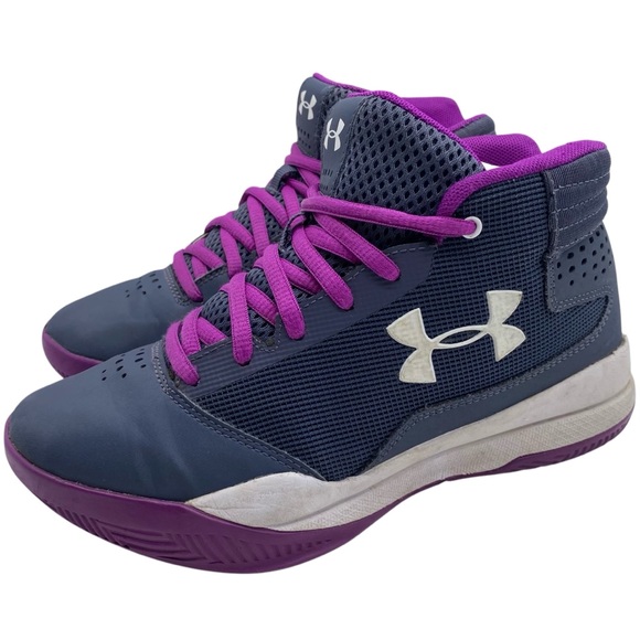 Under Armour Girls Shoes Jet Mid Sneakers Sz Big Girl 4 Gray Purple Leather Play - Picture 1 of 11